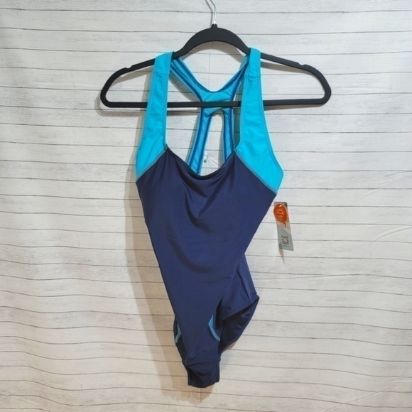 NAVY & LIGHT BLUE COLOR BLOCK RACER BACK ONE PIECE SWIMSUIT, SZ SMALL - Picture 1 of 8